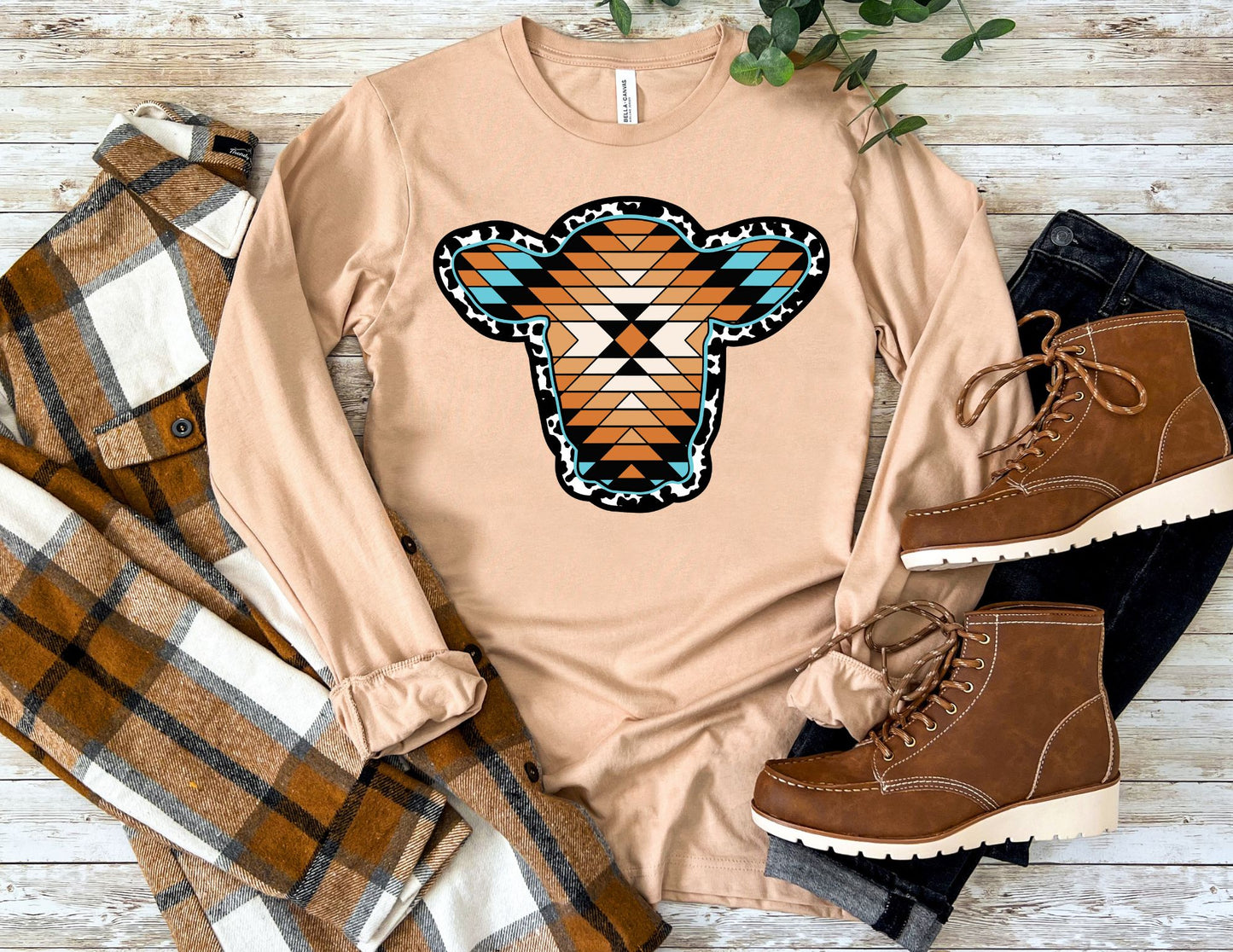 Western Aztec Cow Long Sleeve Shirt - Cow Long Sleeve Shirt