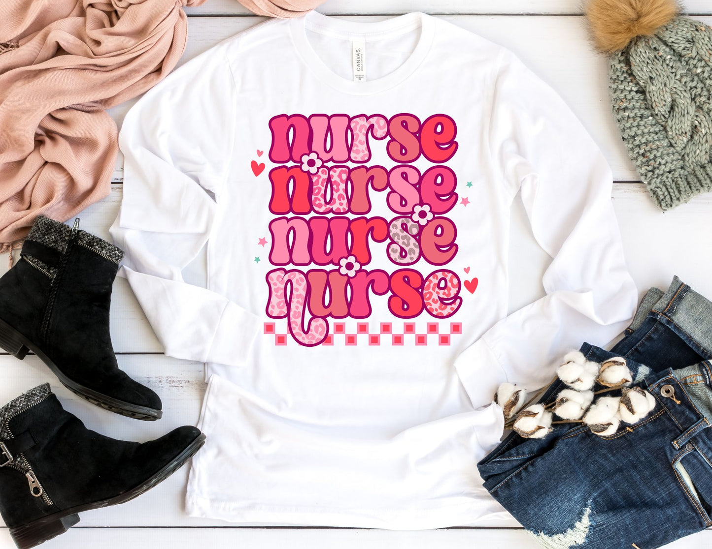 Stacked Valentine Nurse Long Sleeve Shirt - Long Sleeve Valentine's Day Nurse Shirt