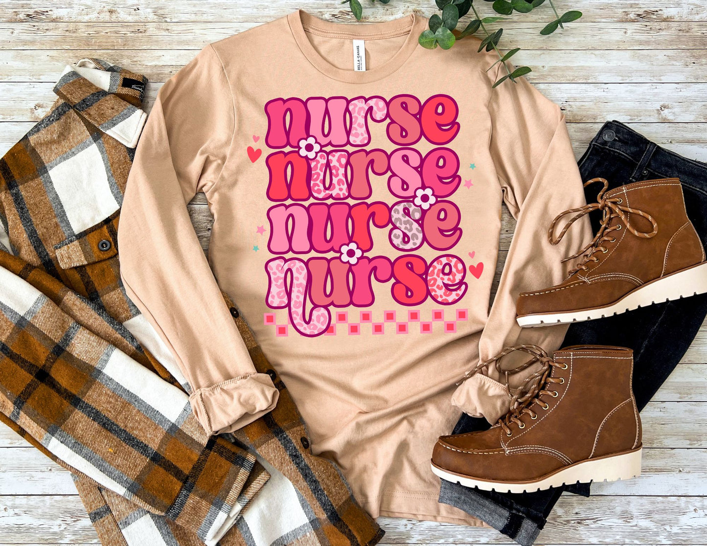 Stacked Valentine Nurse Long Sleeve Shirt - Long Sleeve Valentine's Day Nurse Shirt