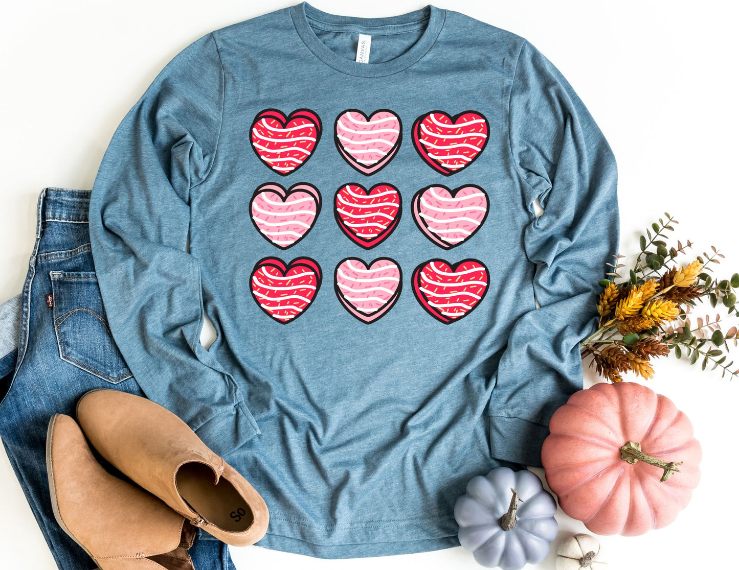 Valentine Heart Cakes Long Sleeve Shirt - Long Sleeve Valentine's Day Shirt