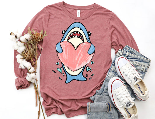 Cute Valentine Shark Long Sleeve Shirt - Valentine's Day Long Sleeve Shirt
