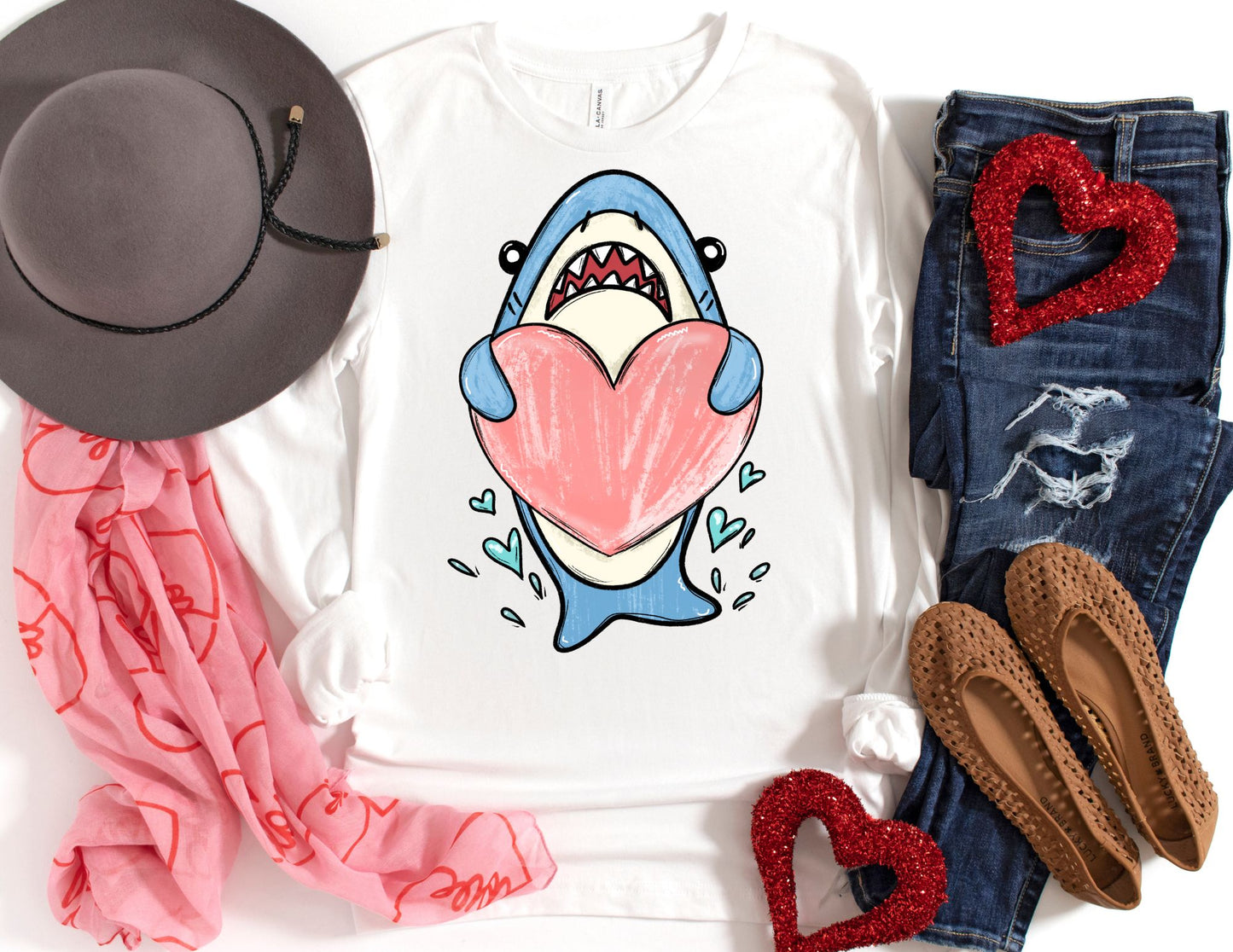 Cute Valentine Shark Long Sleeve Shirt - Valentine's Day Long Sleeve Shirt