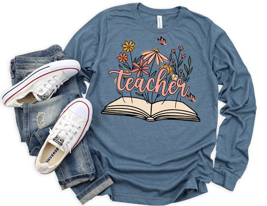 Teacher Floral Book Long Sleeve Shirt - Long Sleeve Teacher Shirt