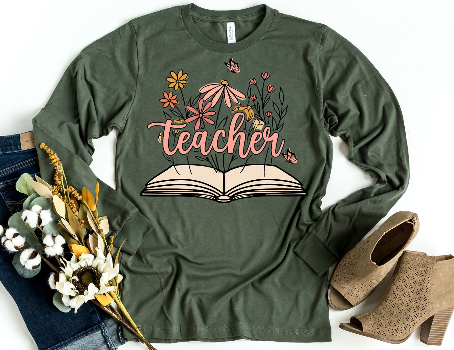 Teacher Floral Book Long Sleeve Shirt - Long Sleeve Teacher Shirt