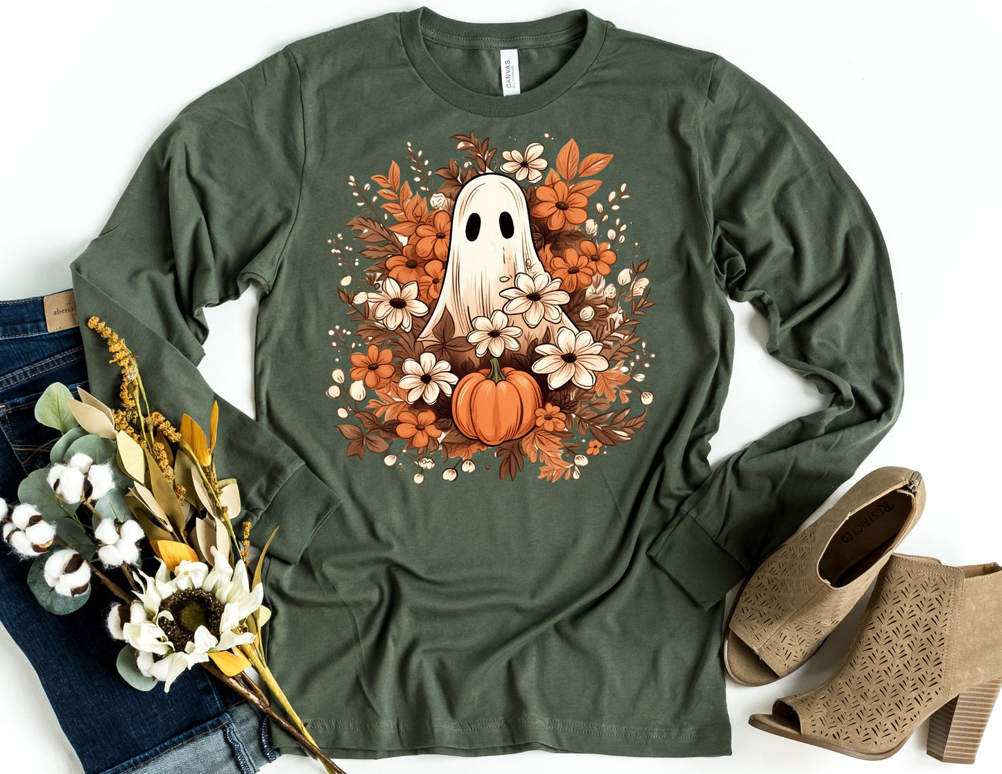 Ghost Flowers Long Sleeve Shirt - Long Sleeve Halloween Shirt