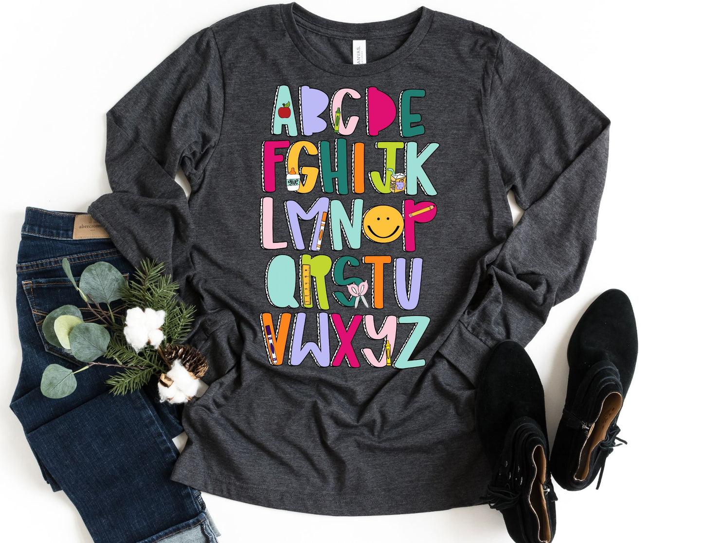 Colorful Alphabet Long Sleeve Shirt - Long Sleeve Teacher Shirt