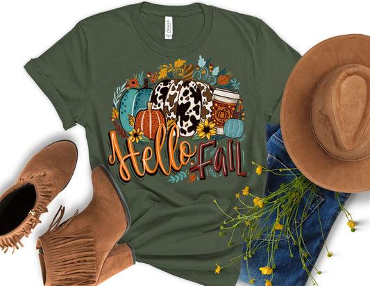 Artsy Hello Fall Cow Print Pumpkin Shirt - Fall Shirt
