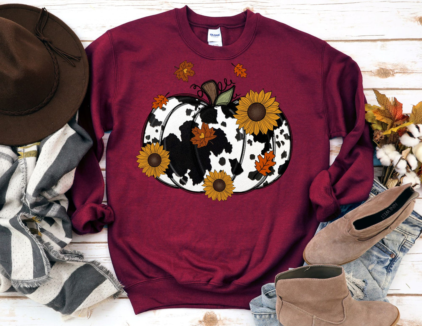 Fall Cow Print Pumpkin Sweatshirt - Fall Sweatshirt