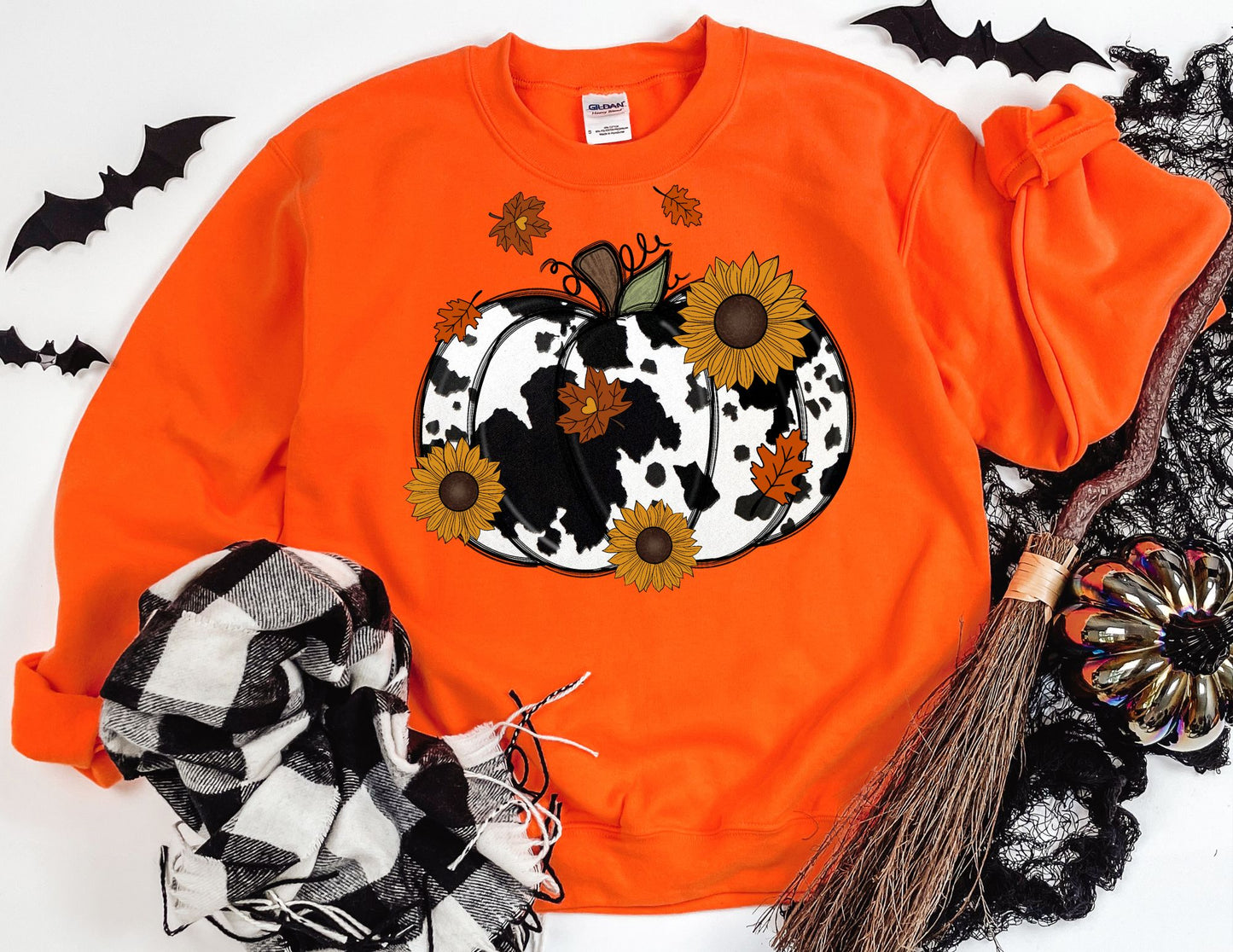 Fall Cow Print Pumpkin Sweatshirt - Fall Sweatshirt