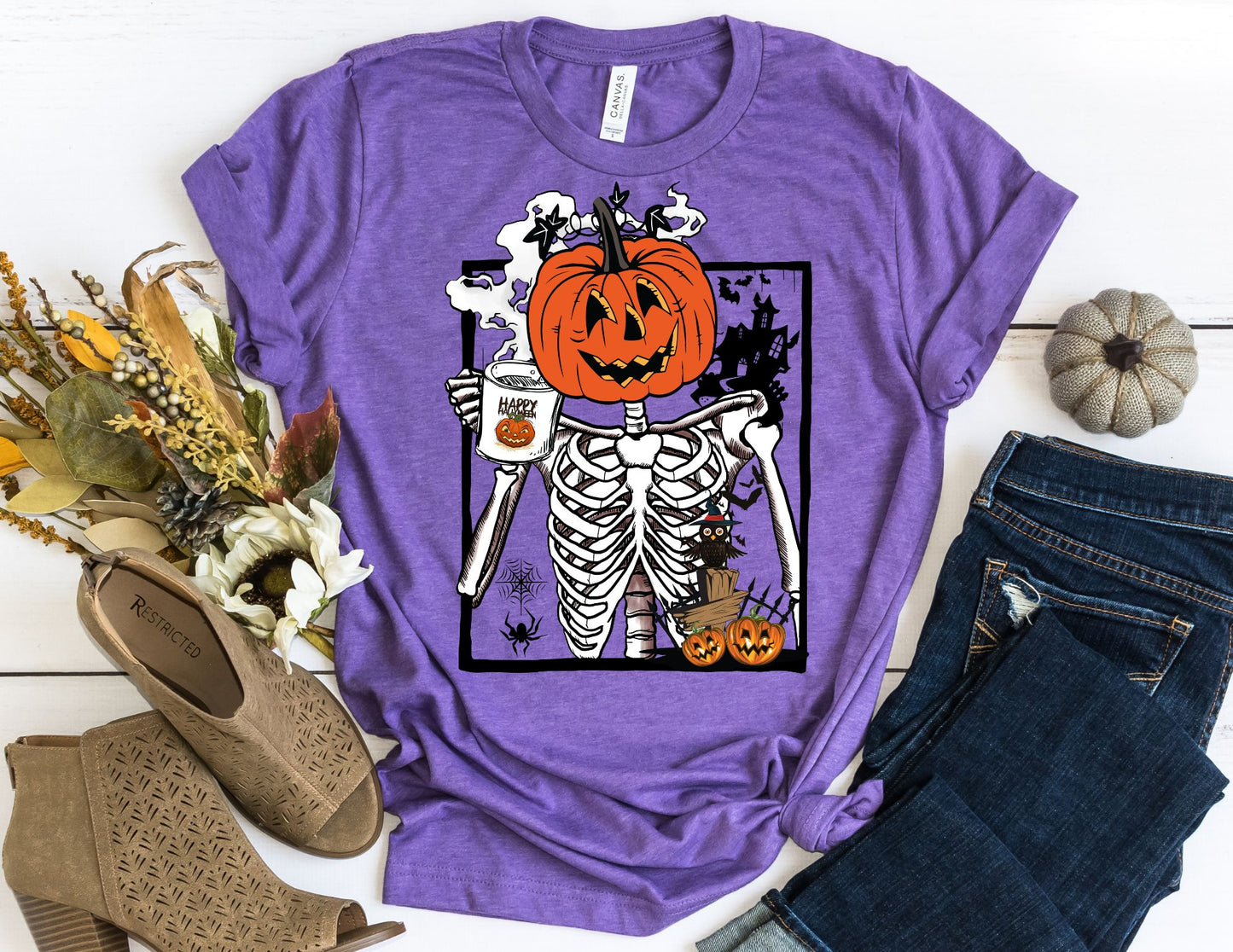 Pumpkin Skeleton Drinking Coffee Shirt - Halloween Shirt