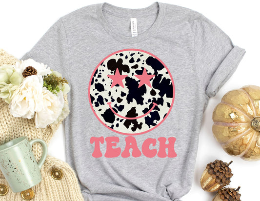 Teach Cow Print Smiley Face Shirt - Teacher Shirt