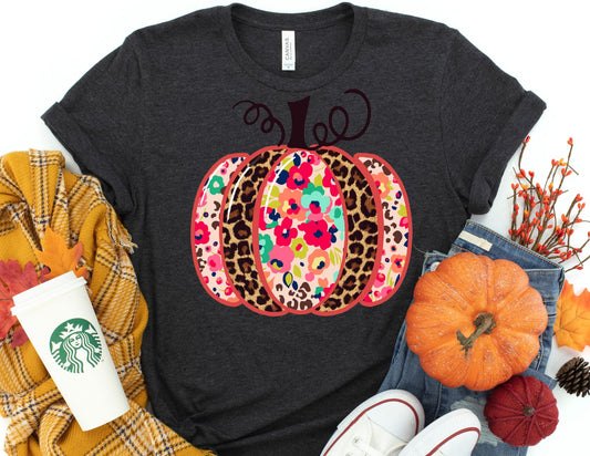 Floral Leopard Pumpkin Shirt - Fall Shirt