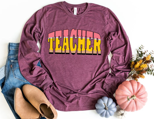 Teacher Pencil Letters Long Sleeve Shirt - Long Sleeve Teacher Shirt