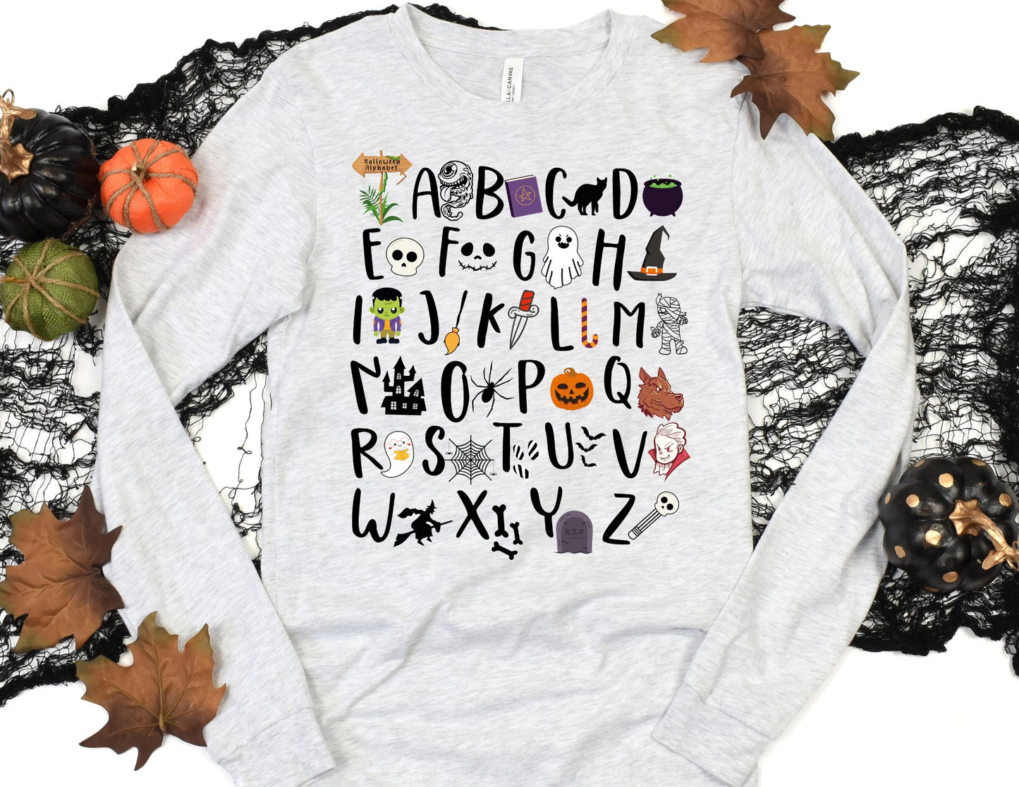 Halloween Alphabet Long Sleeve Shirt - Long Sleeve Halloween Teacher Shirt