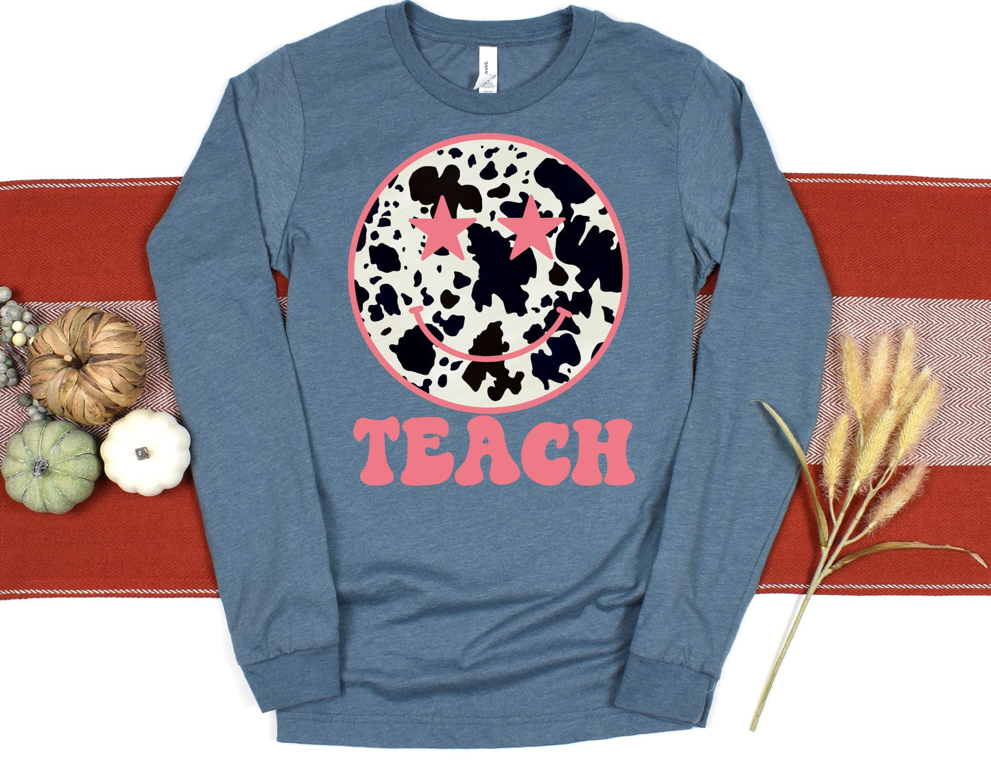 Cow Print Teach Smiley Face Long Sleeve Shirt - Long Sleeve Teacher Shirt