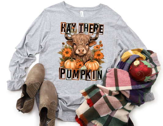 Hay There Pumpkin Highland Cow Long Sleeve Shirt - Long Sleeve Fall Shirt