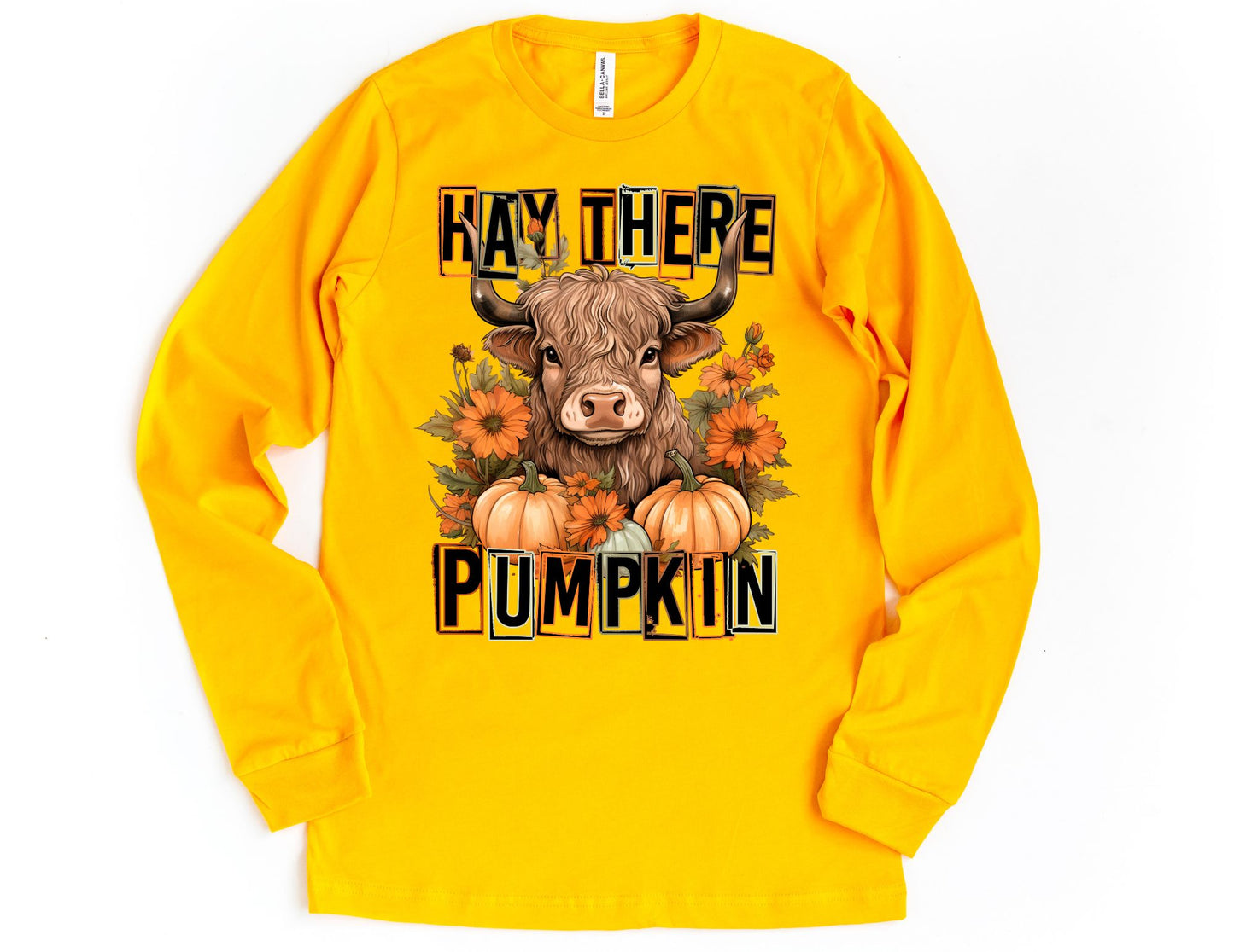 Hay There Pumpkin Highland Cow Long Sleeve Shirt - Long Sleeve Fall Shirt