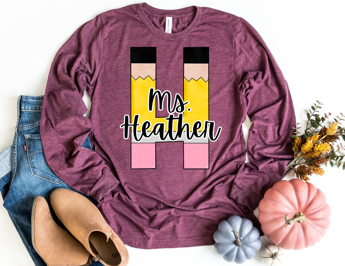 Custom Pencil Letter Name Long Sleeve Shirt - Long Sleeve Teacher Shirt