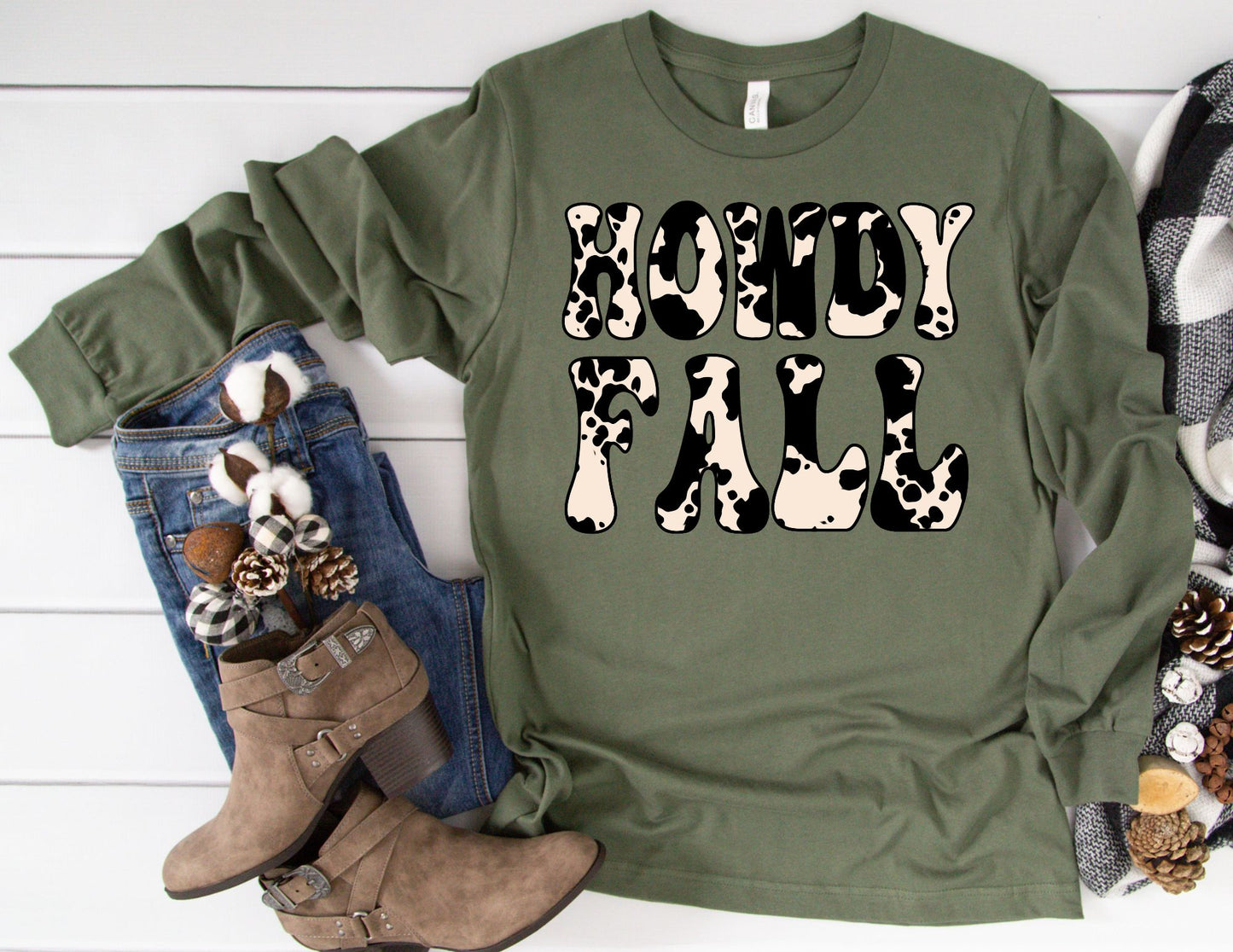 Howdy Fall Cow Print Long Sleeve Shirt - Long Sleeve Fall Shirt