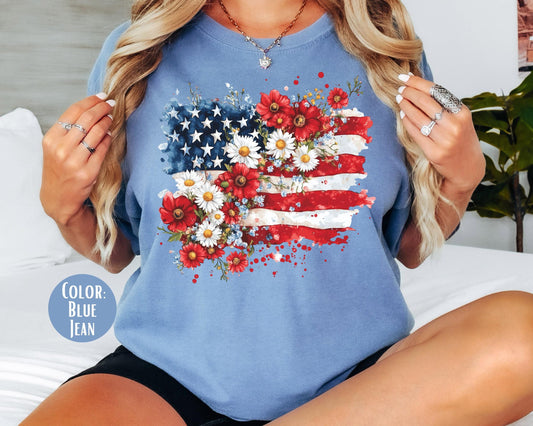 Comfort Colors Floral American Flag Shirt: 4th of July Tee