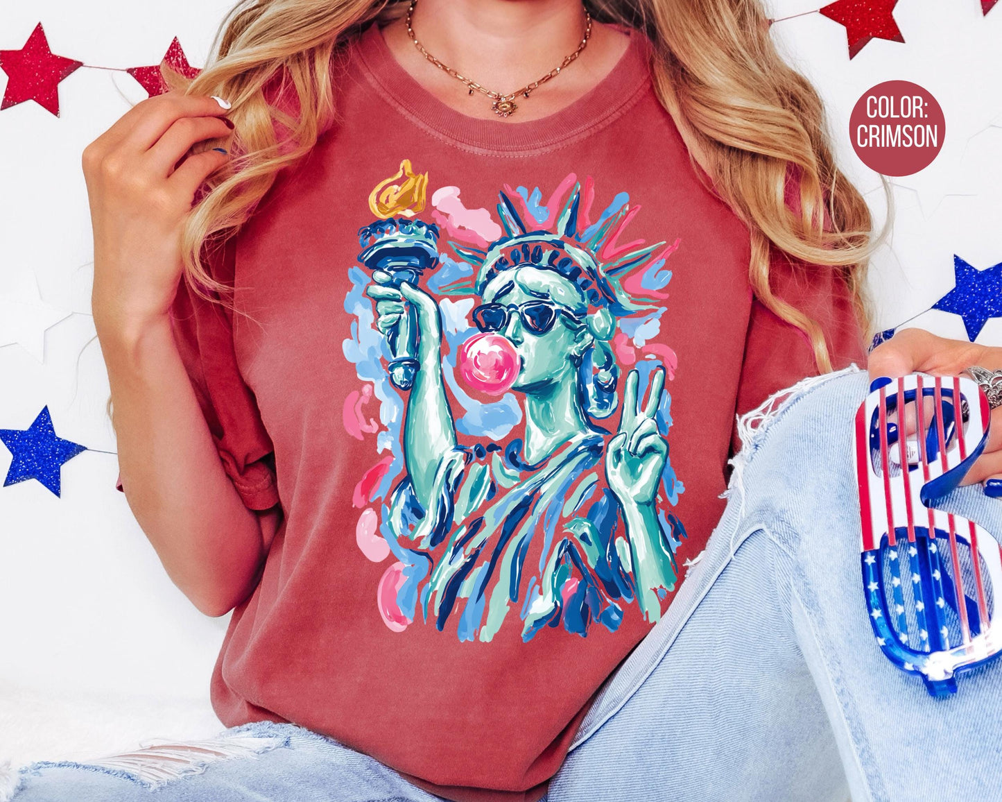 Comfort Colors Preppy Statue of Liberty Blowing Bubble Gum Shirt, 4th of July Shirts