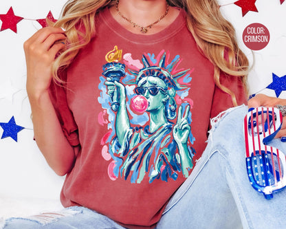Comfort Colors Preppy Statue of Liberty Blowing Bubble Gum Shirt, 4th of July Shirts