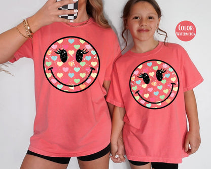 Comfort Colors® Smiley Face Heart Shirt, Mommy and Me Heart Tee, Matching Valentine Shirts, Mom and Daughter Shirts, Retro Heart Shirt