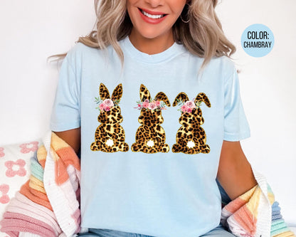 Comfort Colors® Floral Leopard Bunnies Shirt, Adult and Youth Leopard Easter Shirts