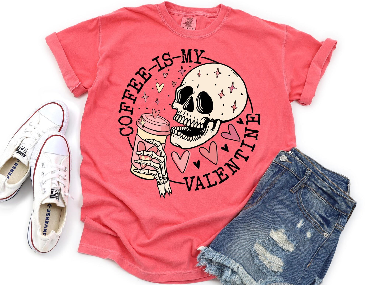 Comfort Colors Coffee Valentine Shirt: Skull & Hearts Graphic Tee