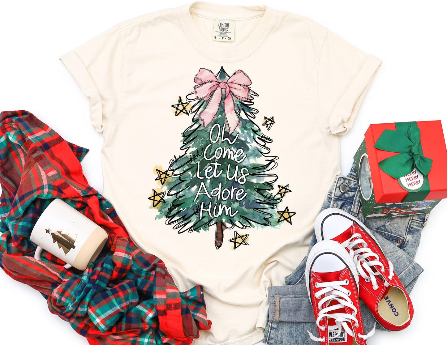 Comfort Colors Christmas Tree Shirt: Oh Come Let Us Adore Him