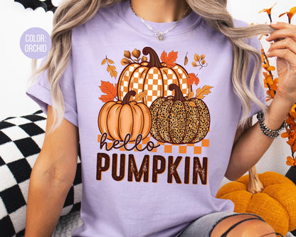 Comfort Colors Kids Hello Pumpkin Shirt: Boho Floral Fall Tee