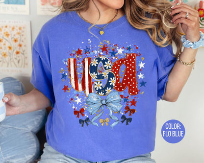 Comfort Colors Floral Coquette USA Shirt, Floral 4th of July Shirts