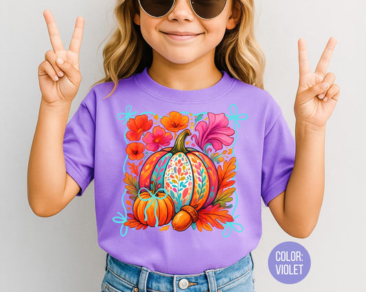 Comfort Colors Girls Fall Floral Pumpkin Shirt: Coquette Tee