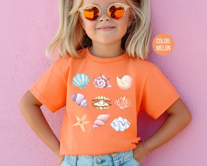 Comfort Colors® Kids Seashell Shirt, Cute Trendy Beach Shirt for Girls, Preppy Seashell Tee, Youth Beach Shirts, Matching Beach Shirts