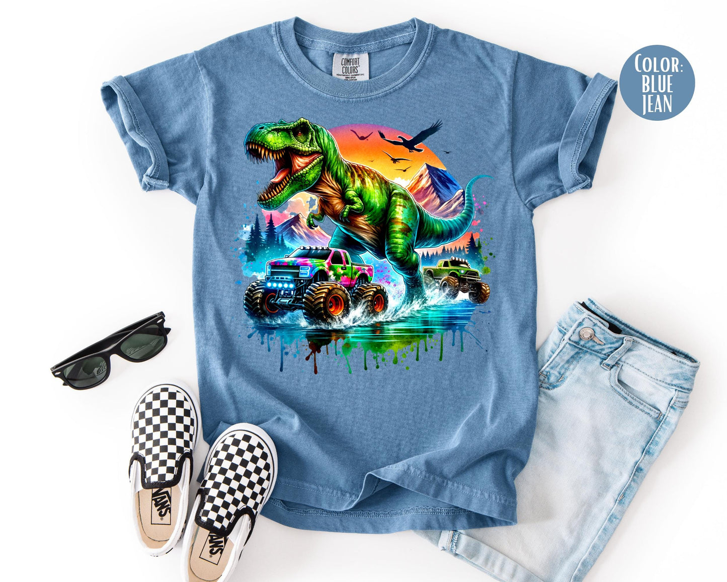 Comfort Colors® Boys T-Rex Monster Truck Shirt, Kids Dinosaur Shirts