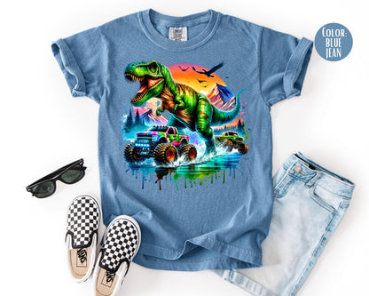 Comfort Colors® Boys T-Rex Monster Truck Shirt, Kids Dinosaur Shirts