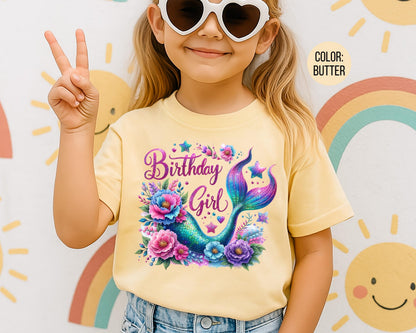 Comfort Colors Faux Glitter Mermaid Birthday Girl Shirt, Girls Birthday Shirts