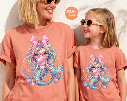 Comfort Colors® Mermaid Blowing Bubble Gum Shirt, Mama and Mini Mermaid Shirts