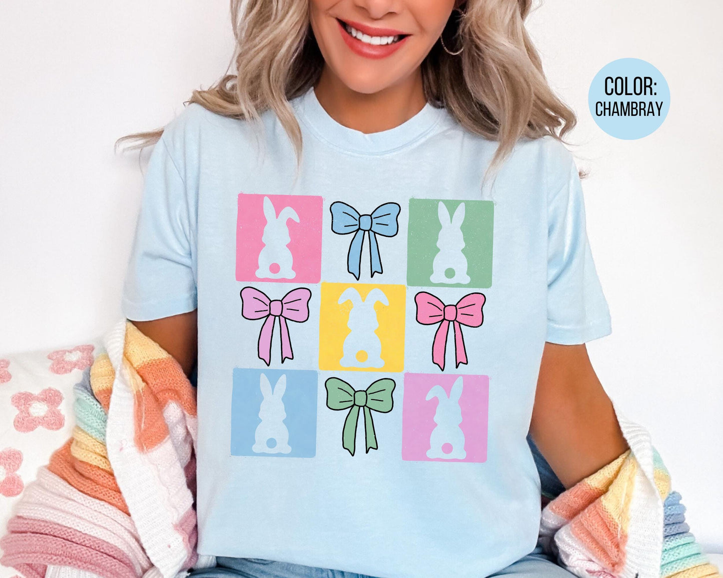 Comfort Colors® Colorful Square Bunnies Shirt, Girls Preppy Easter Bunny Shirts