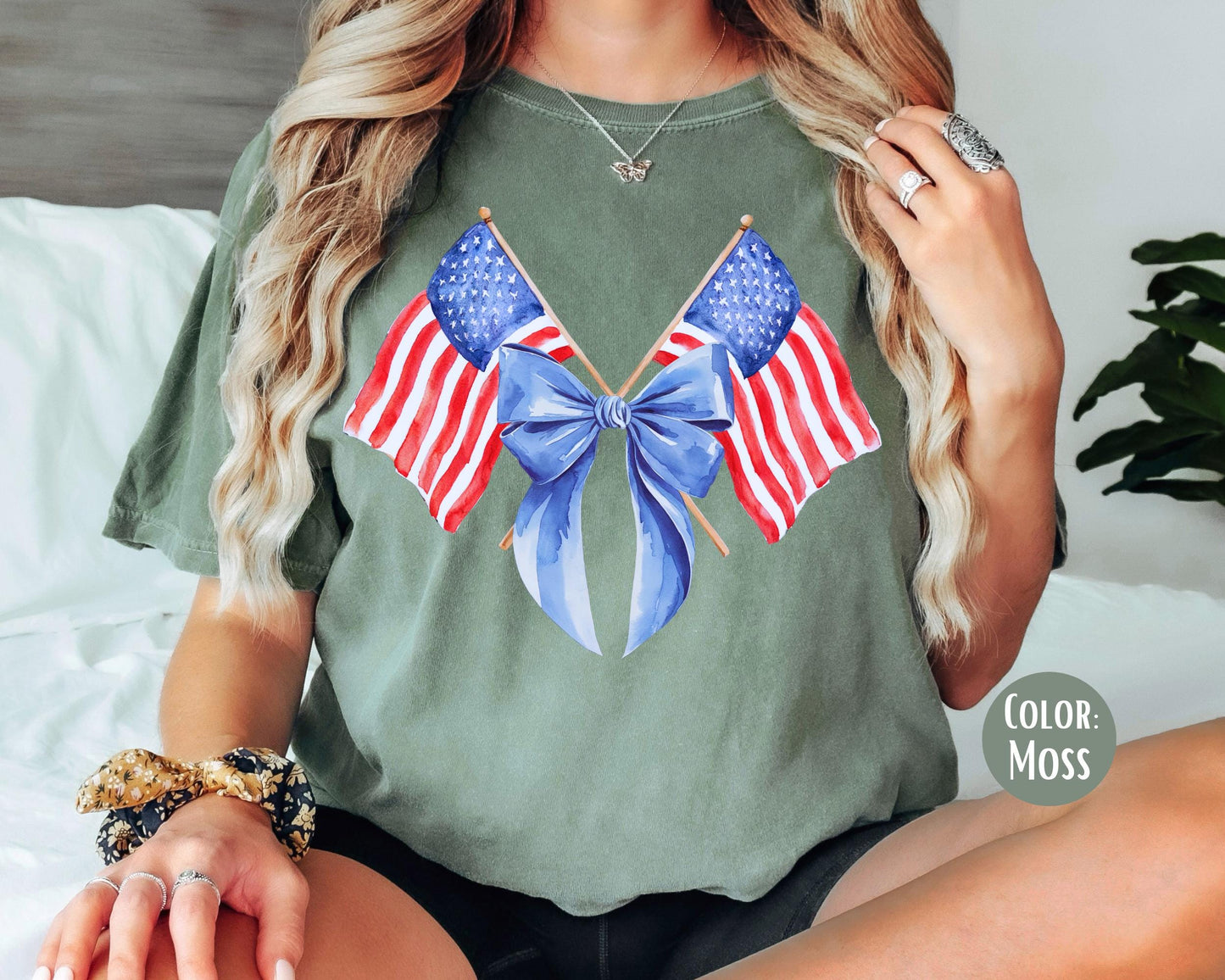 Comfort Colors American Flag Bow Shirt: 4th of July Coquette Tee