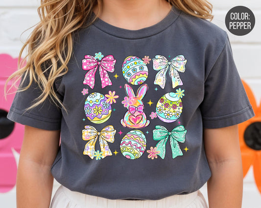 Comfort Colors® Girls Easter Egg Shirt, Kids Coquette Bow Easter Shirts