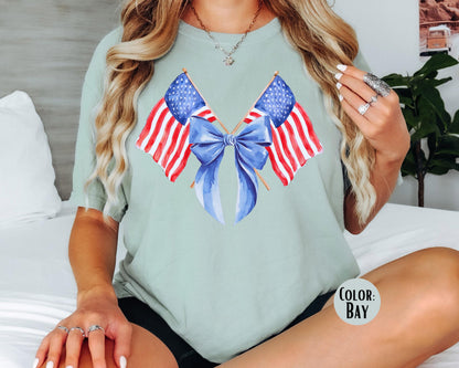 Comfort Colors American Flag Bow Shirt: 4th of July Coquette Tee