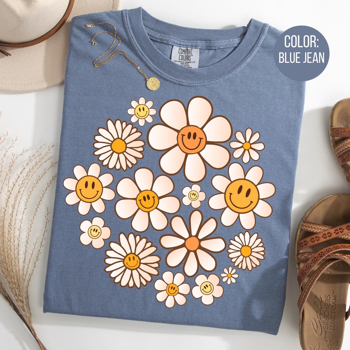 Comfort Colors Smiley Face Flowers Shirt: Floral Daisies Tee