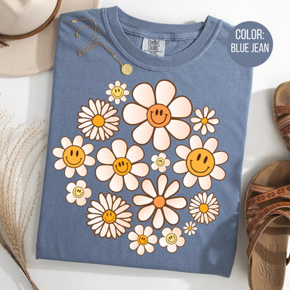 Comfort Colors Smiley Face Flowers Shirt: Floral Daisies Tee