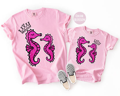 Comfort Colors® Faux Glitter Mama and Mini Seahorse Shirts, Mommy and Me Summer Shirts