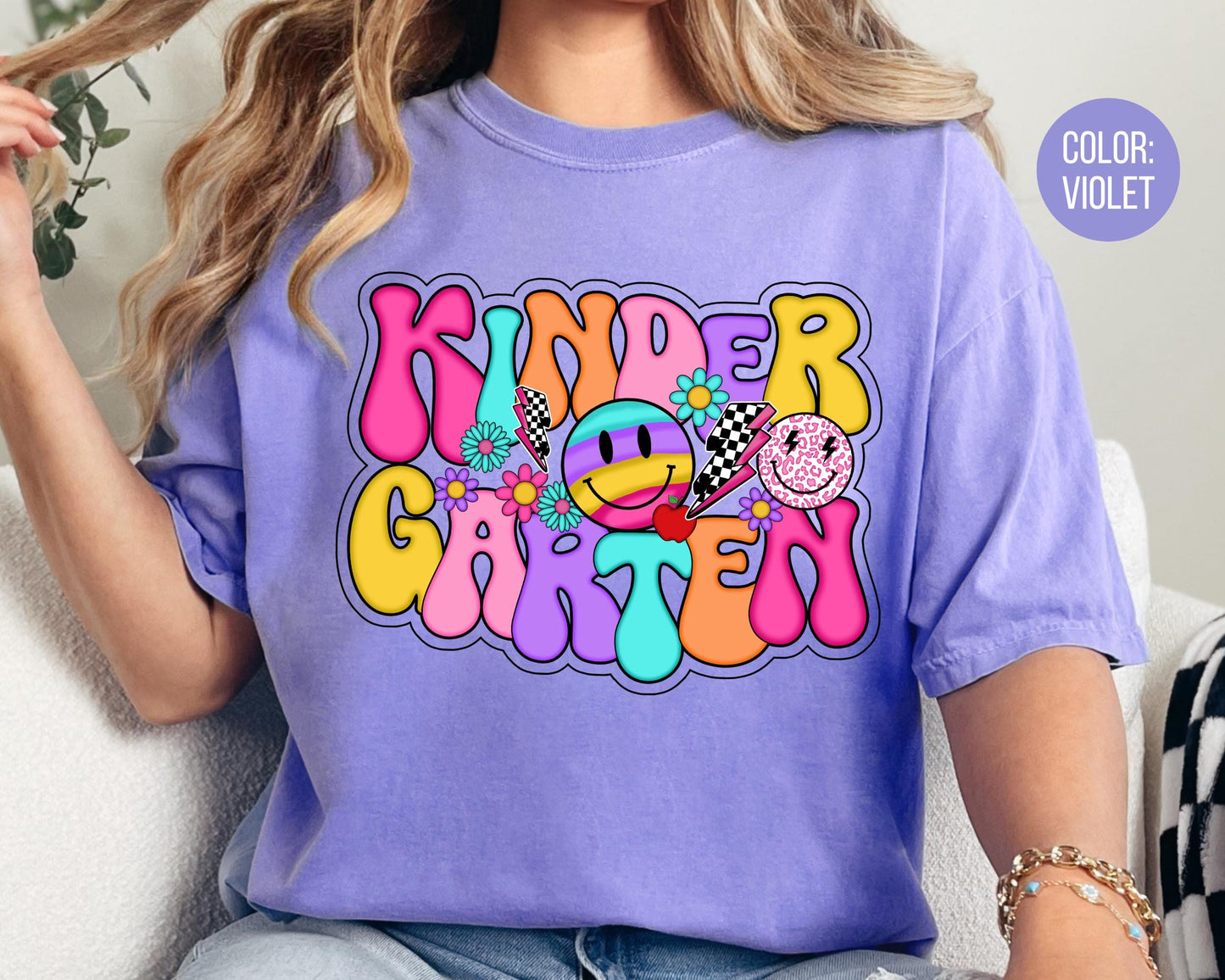 Comfort Colors® Smiley Retro Kindergarten Shirt, Kindergarten Teacher Shirts