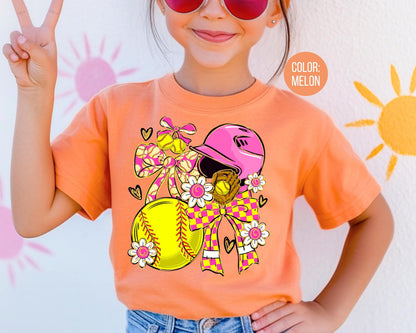Comfort Colors Girls Preppy Checkered Softball Shirt, Kids Softball Shirts