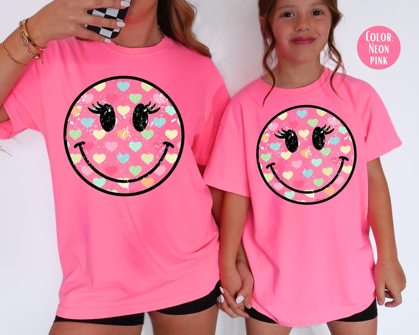 Comfort Colors® Smiley Face Heart Shirt, Mommy and Me Heart Tee, Matching Valentine Shirts, Mom and Daughter Shirts, Retro Heart Shirt