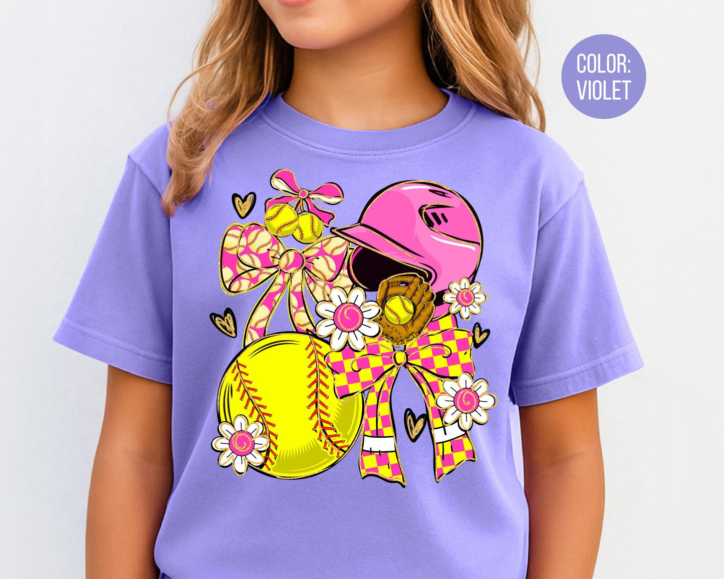 Comfort Colors Girls Preppy Checkered Softball Shirt, Kids Softball Shirts