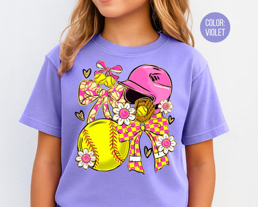Comfort Colors Girls Preppy Checkered Softball Shirt, Kids Softball Shirts